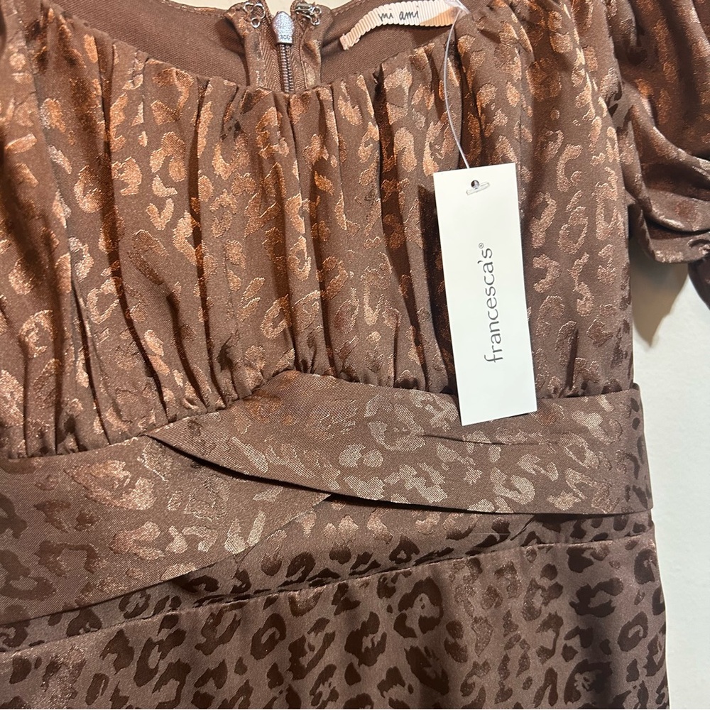 Francesca's Brown Satin Cheetah Print Mini Dress Bubble Sleeves Size Large NWT - Picture 8 of 14